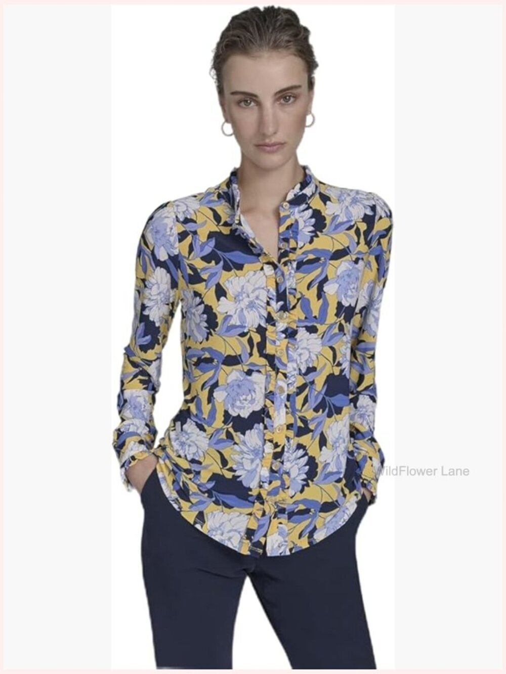 Long Sleeve Button Up Ruffle Placket Blouse with Puff Shoulder